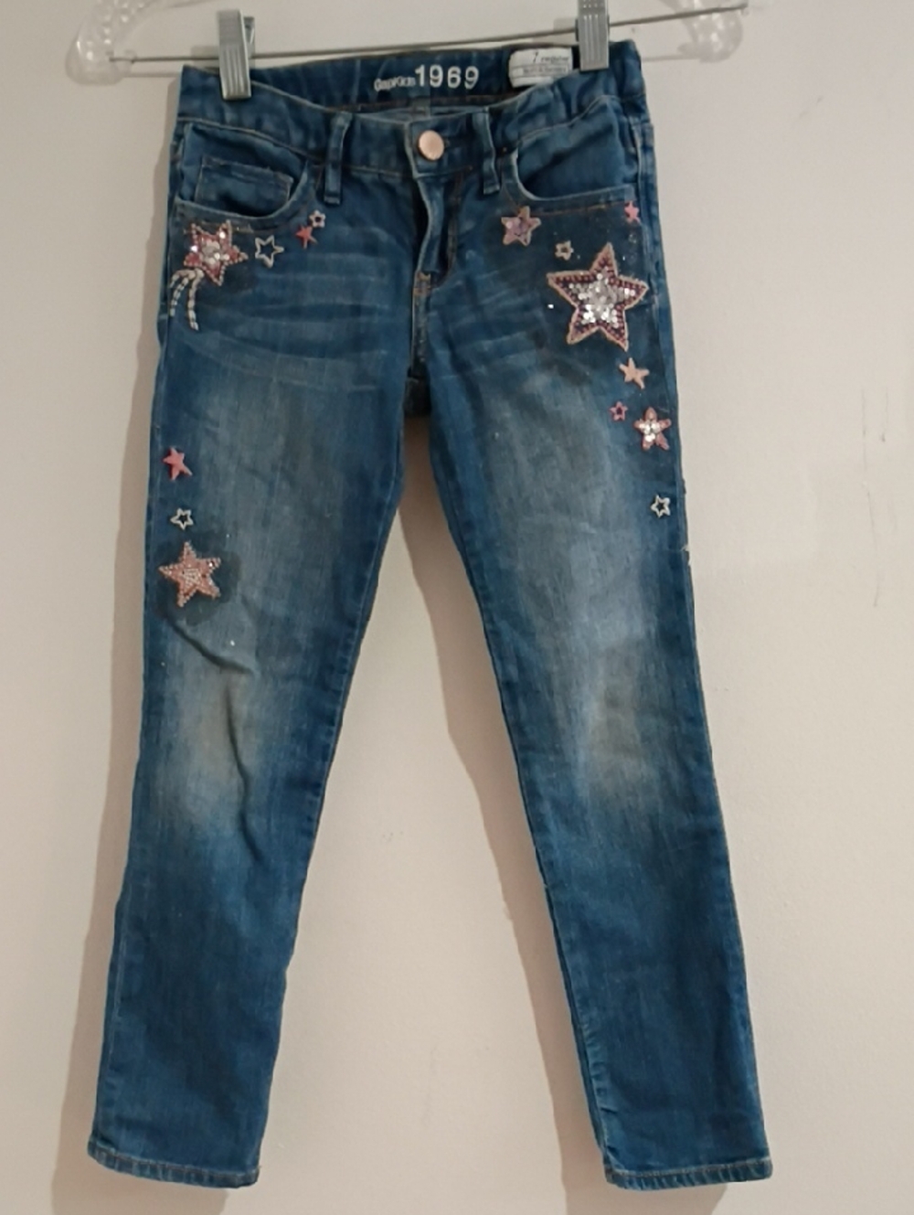 GAP Skinny Jeans with Sequin Star Accents - Blue & Pink